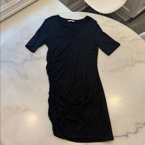 NWOT Three Dots Black Midi Dress with side Ruched Detail and deep v neck